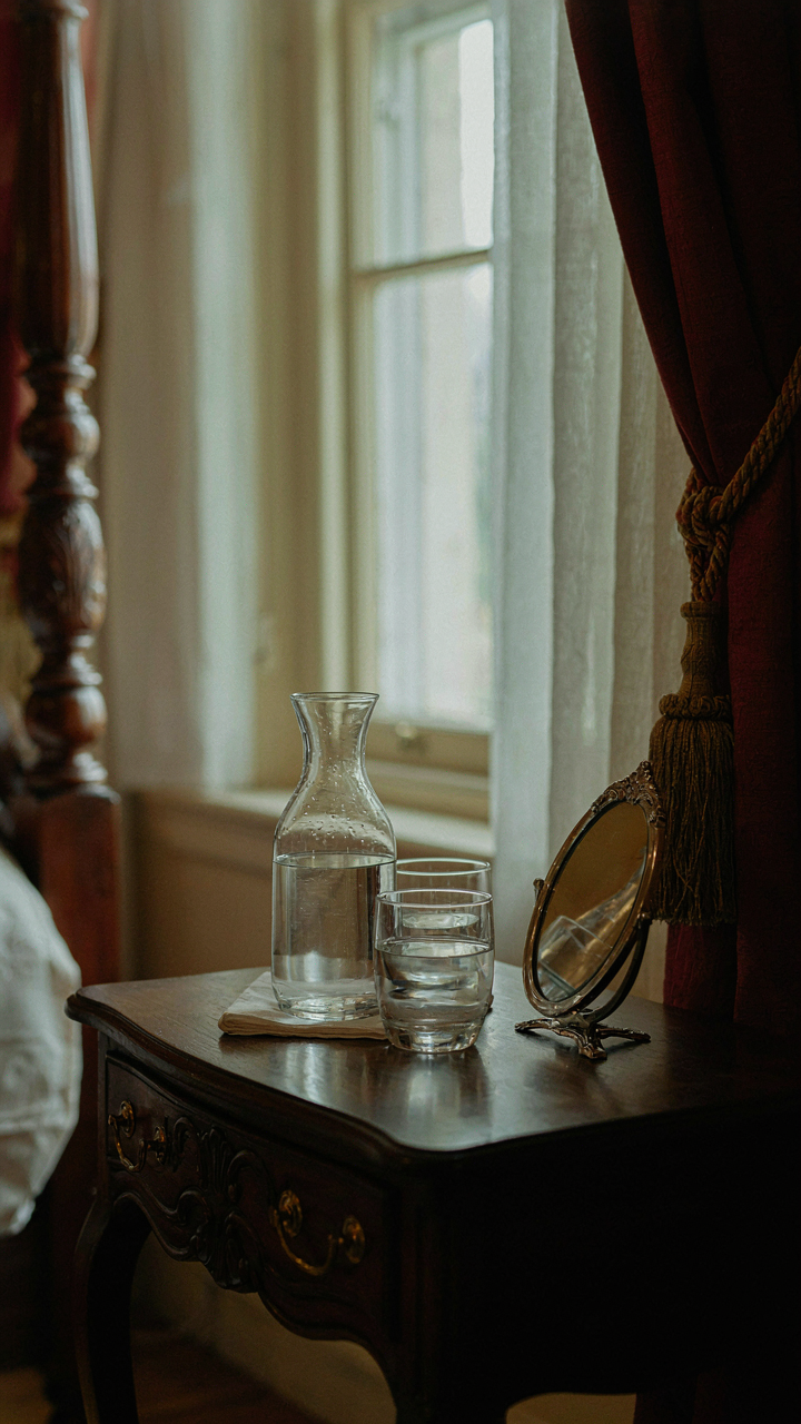 A bedside table with a water carafe and a silver-backed hand mirror.