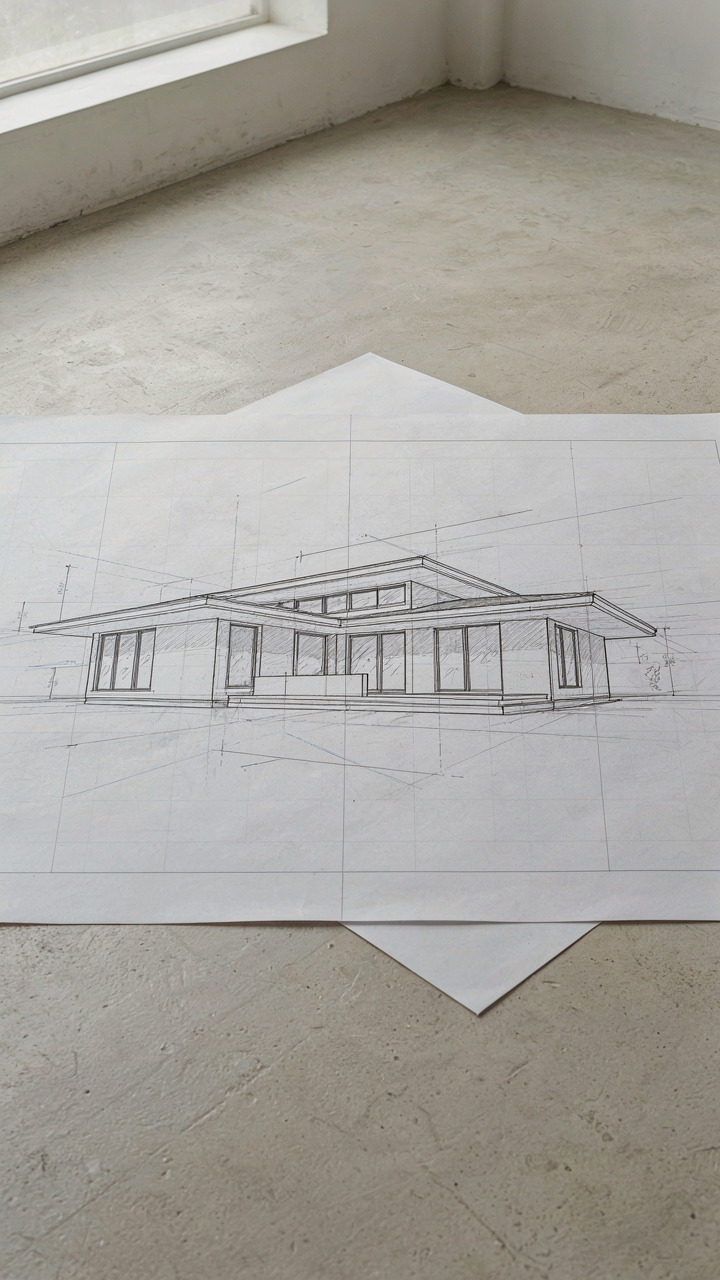 An architectural blueprint shows a house with strong horizontal lines.