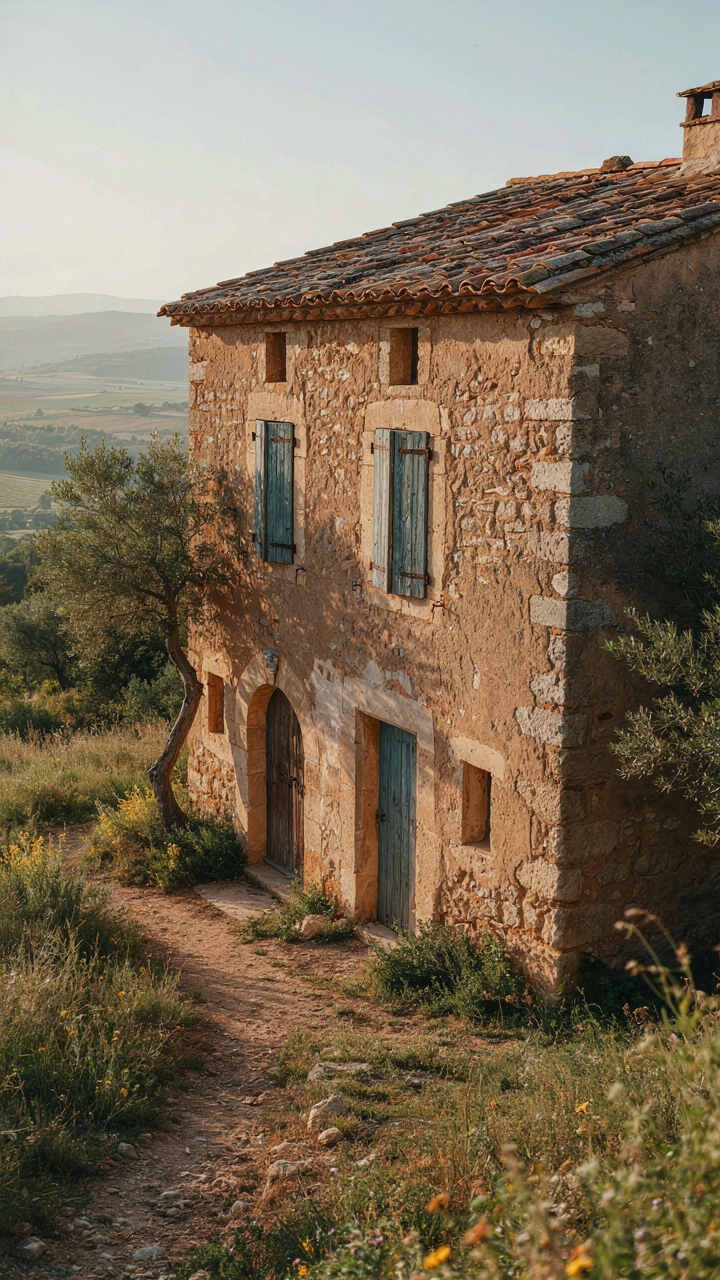 An 18th-century French country cottage with uneven walls and asymmetrical windows.