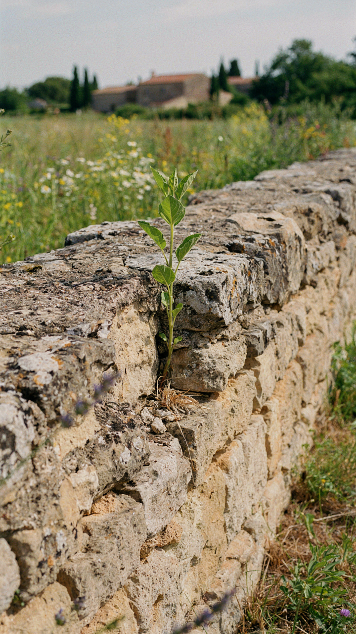 A small sapling growing through cracks in an old stone wall.