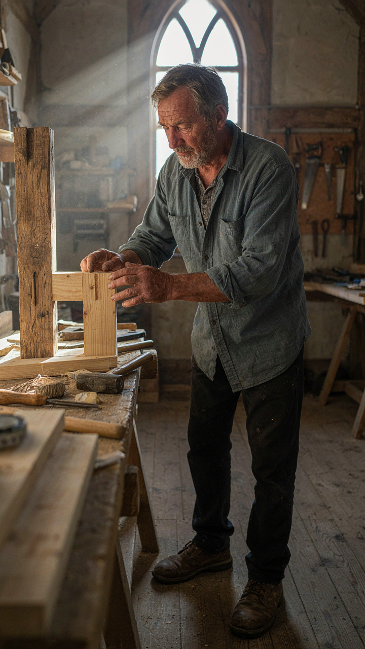 A carpenter compares old and new timber frames in a workshop.