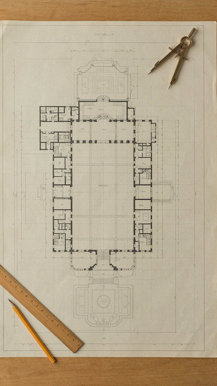 A detailed blueprint shows a symmetrical French chateau house plan.