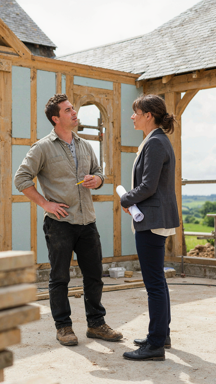 A builder and architect discussing plans on a construction site with a framed wall.