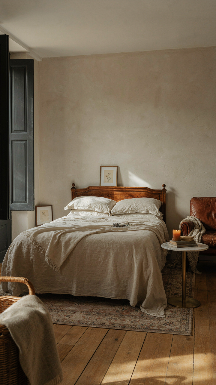 A french provincial bedroom has pale walls and dark shutters with natural light.