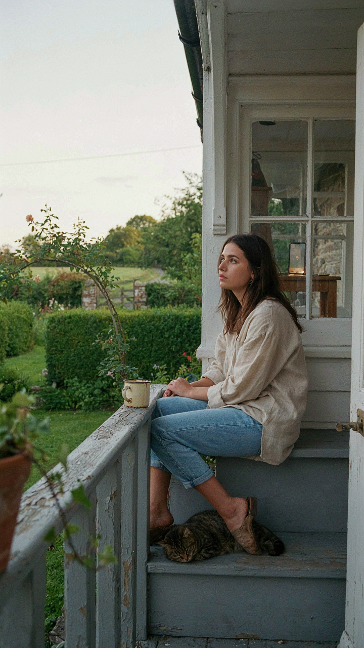 A person sits on a porch, calmly observing the garden, phone indoors.