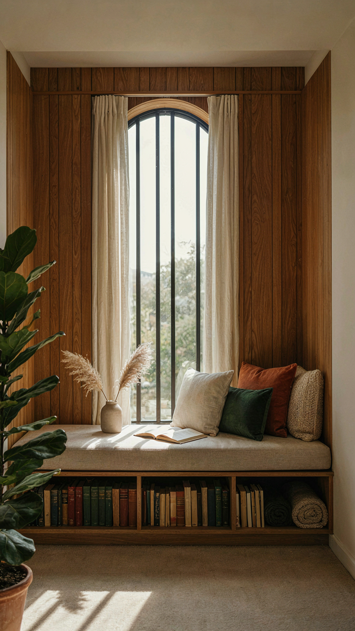 A craftsman built-in window seat with storage, books, and cushions.