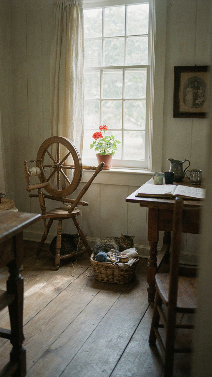 A cozy parlor in a colonial house with a spinning wheel and mending basket, showing multi-use space.