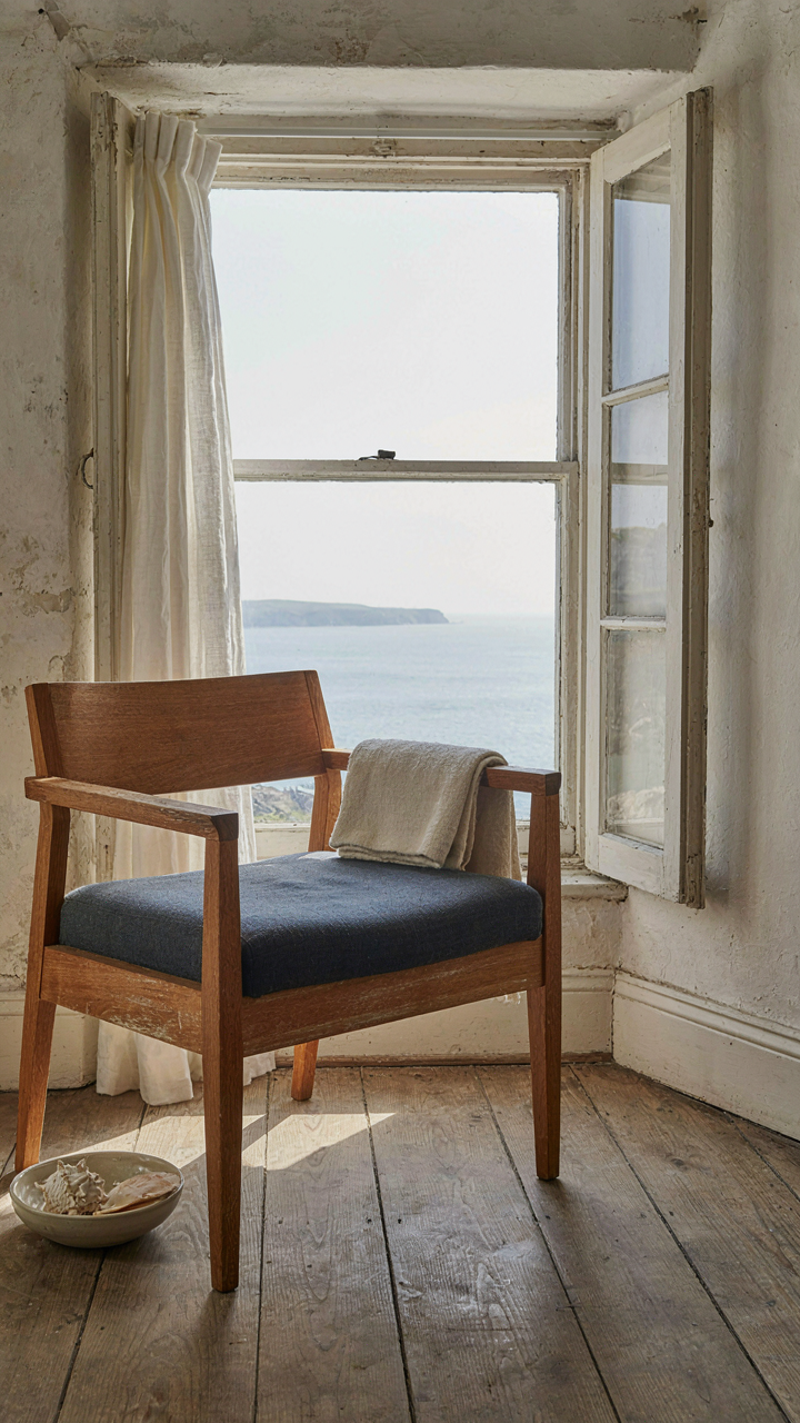 A durable teak armchair sits by a window in a coastal cottage.