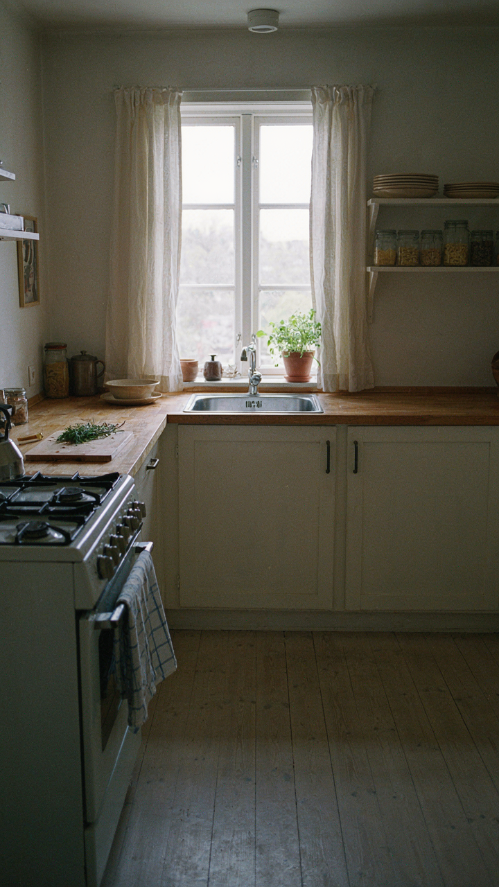 A simple, functional nordic cabin kitchen with a gas range and wooden counter.
