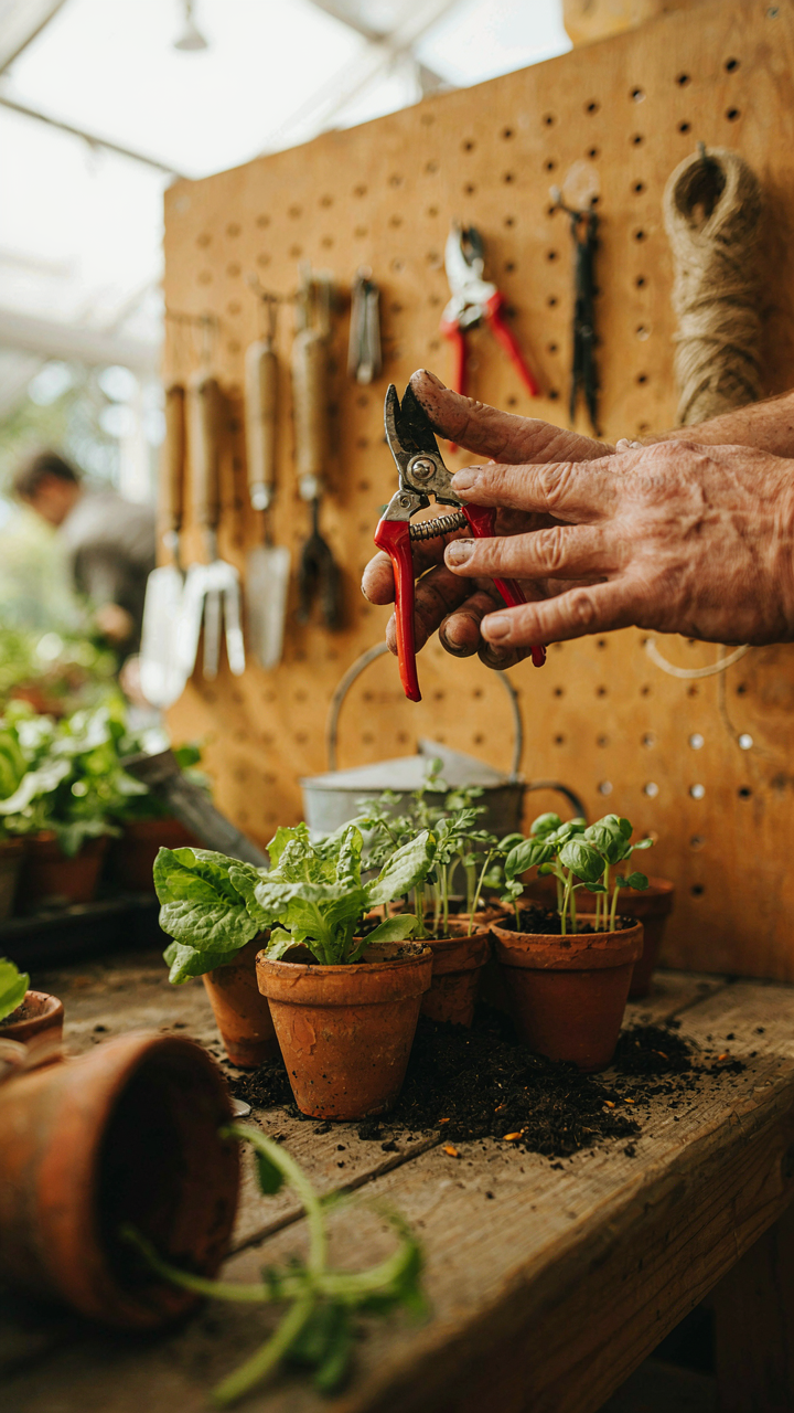 Hands reaching for pruners hanging on a pegboard next to a potting bench.