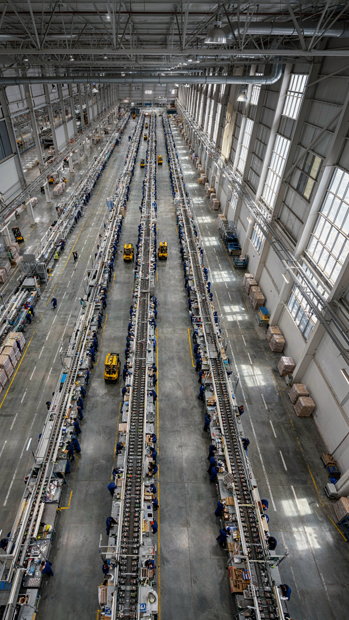 An aerial view of a factory floor with efficient assembly lines.
