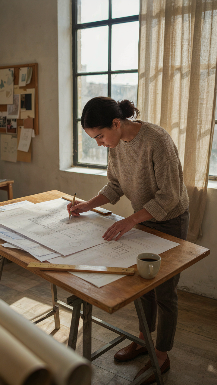 An architect intently drawing blueprints at a large drafting table.