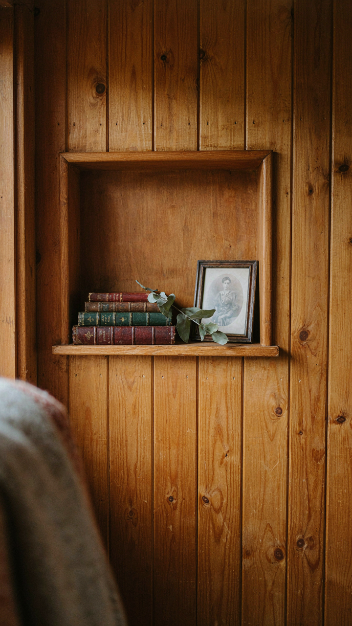 A built-in wooden shelf in a cabin wall holds leather books and a framed photograph.