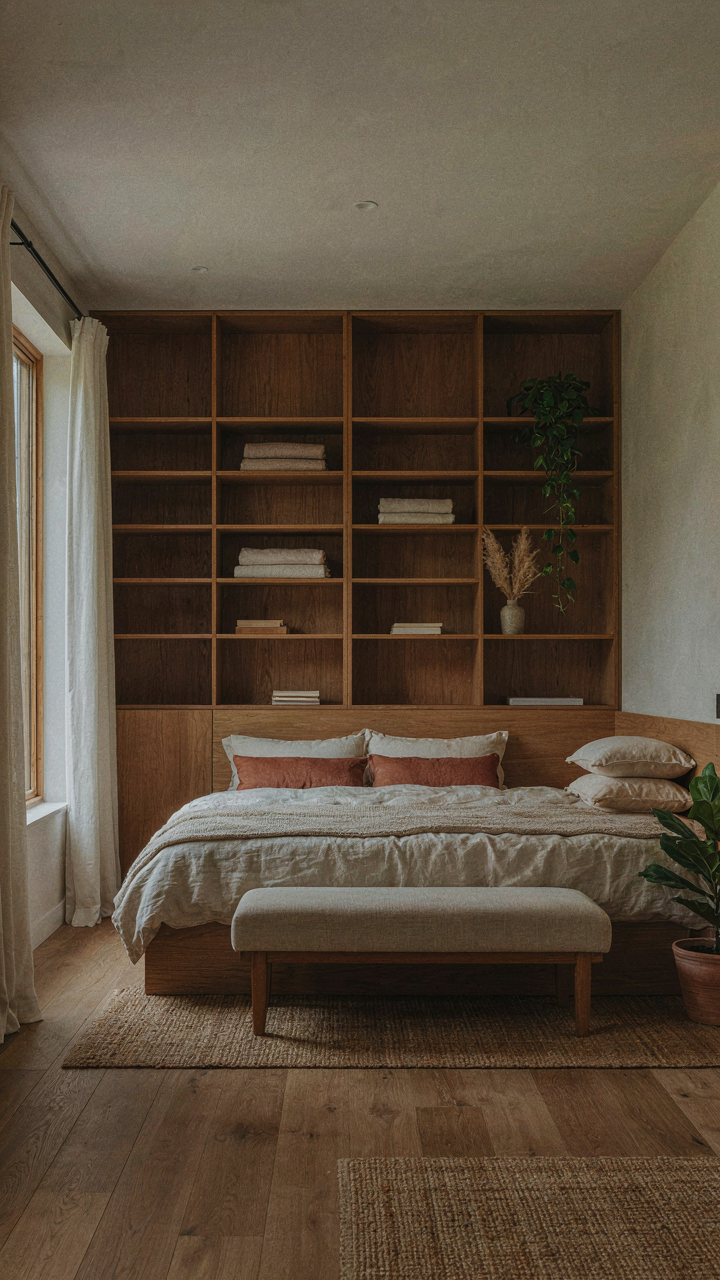 A modern rustic bedroom with built-in wooden shelving and a low bench.