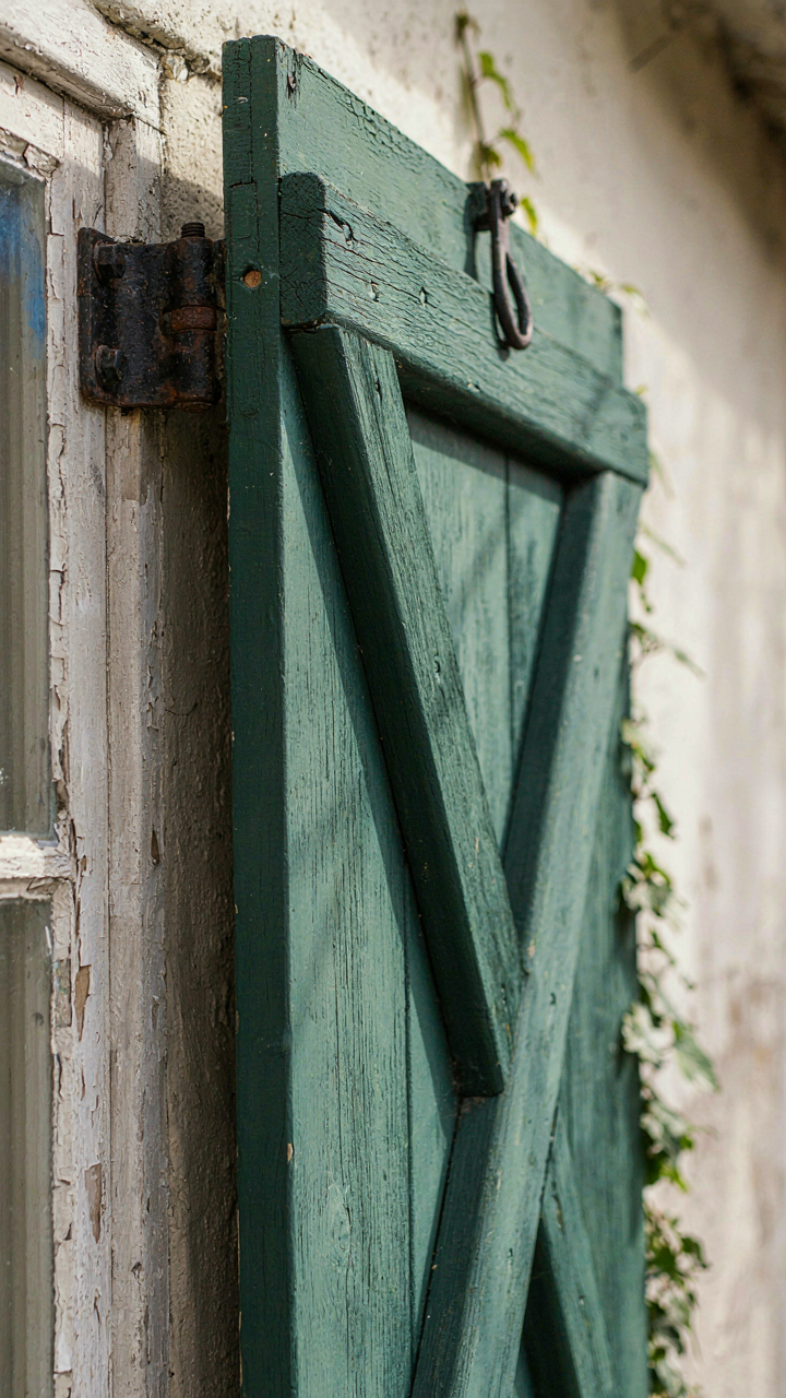 A close up of a wooden cottage shutter with a metal hinge.