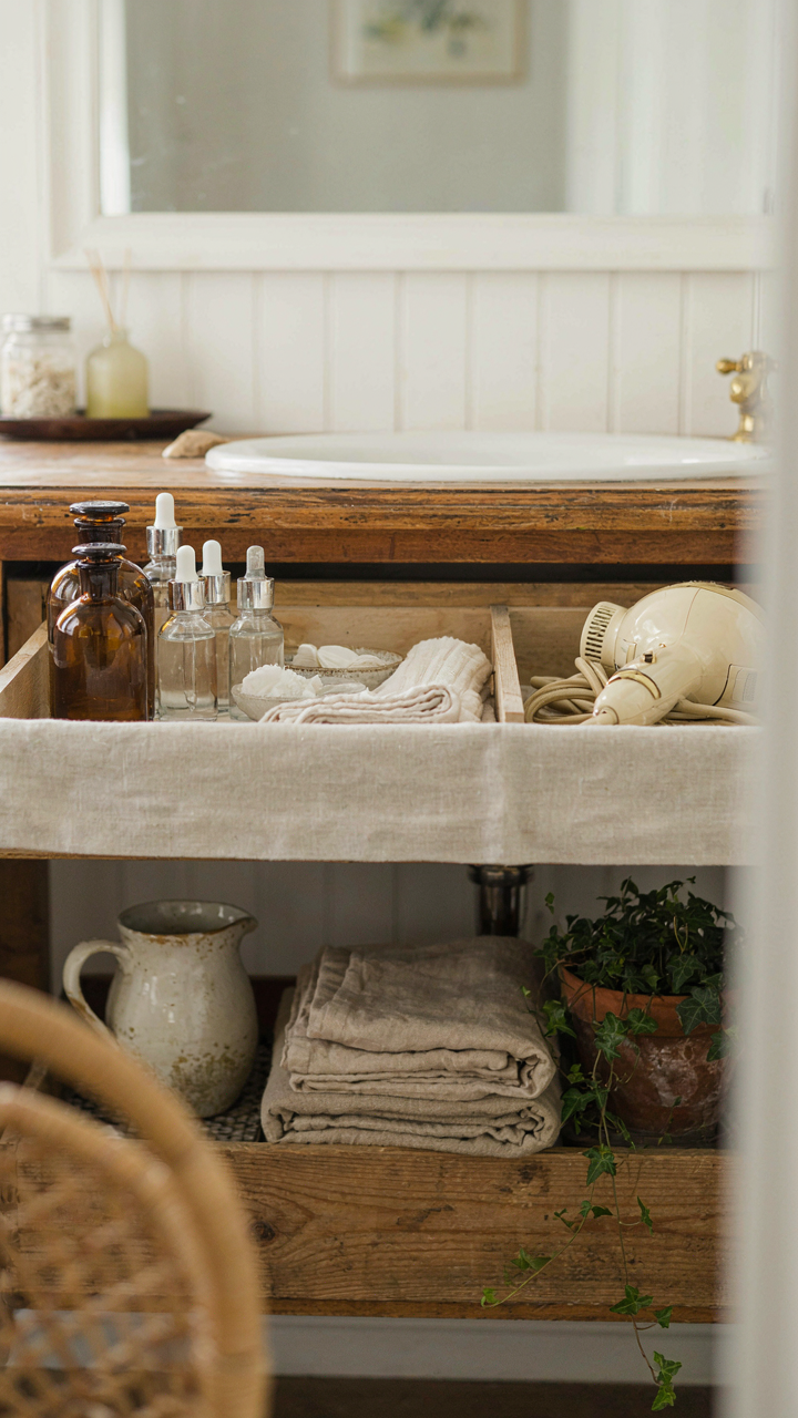 A cottage bathroom vanity drawer shows organized bottles and a hair dryer.
