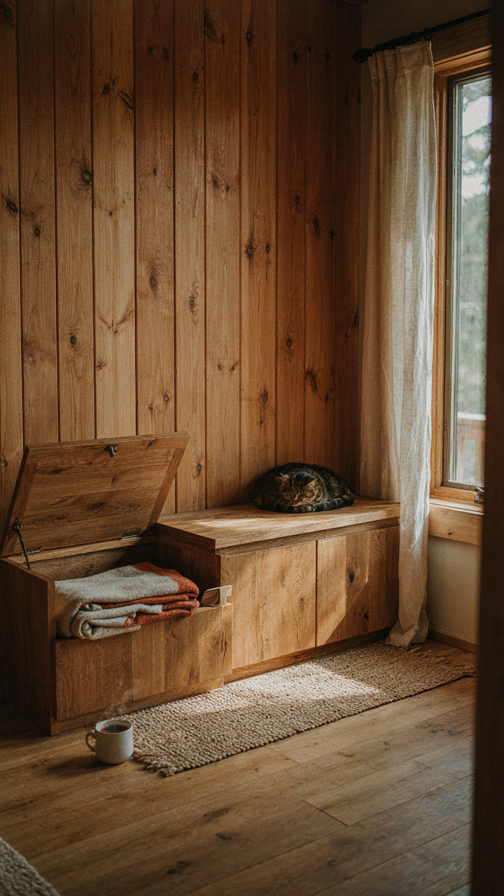 A built-in wooden bench with storage sits against a cabin wall.