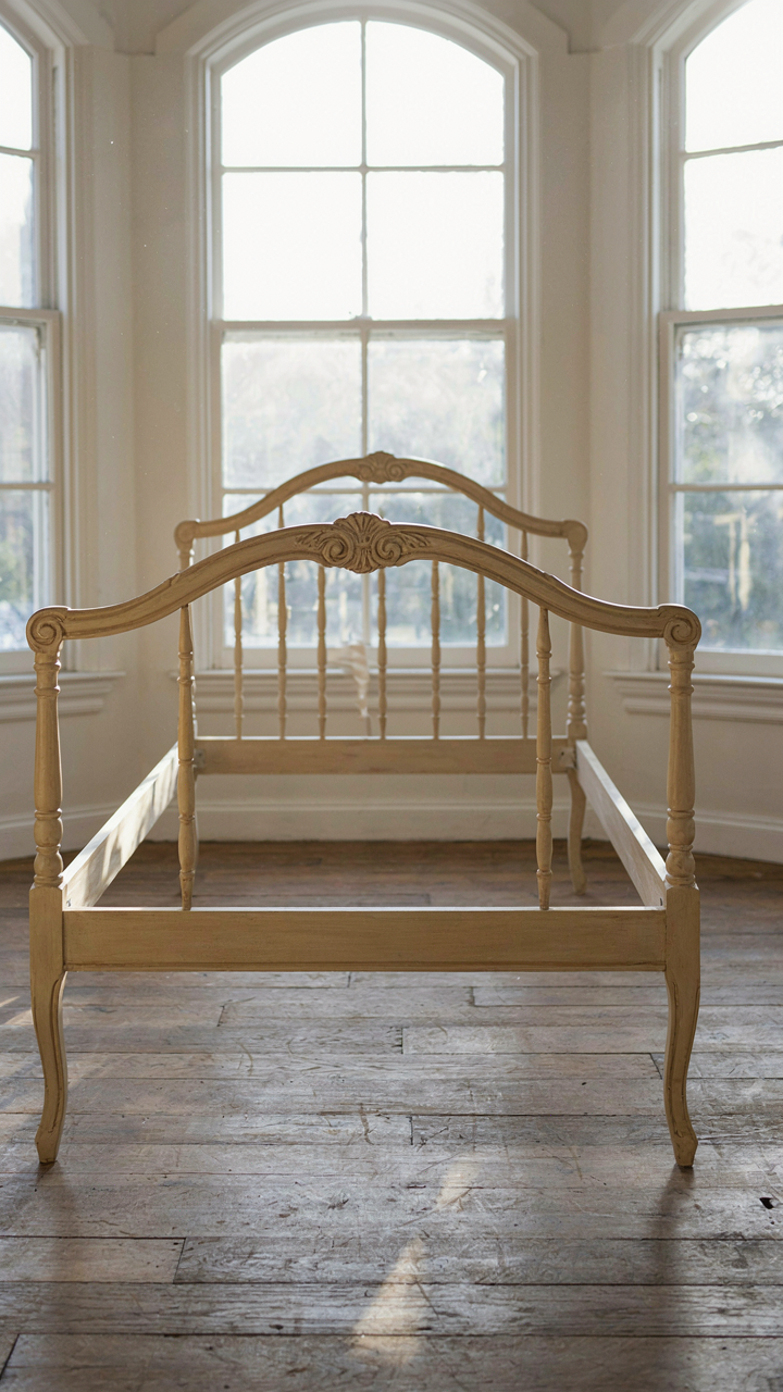 A beautifully crafted, solid wood french provincial bed frame stands alone.