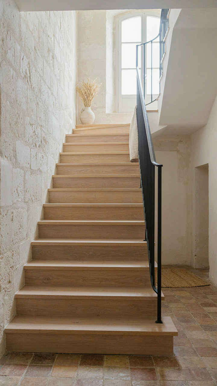 A wide, modern French country staircase with wood treads and an iron railing.
