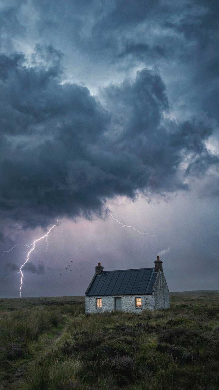 A cottage with a metal standing seam roof stands firm against a stormy sky.