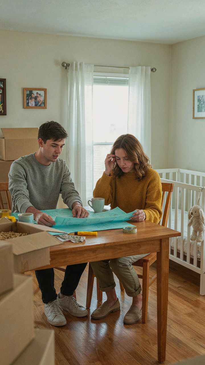 A frustrated couple looking at a complex two story farmhouse plan blueprint.