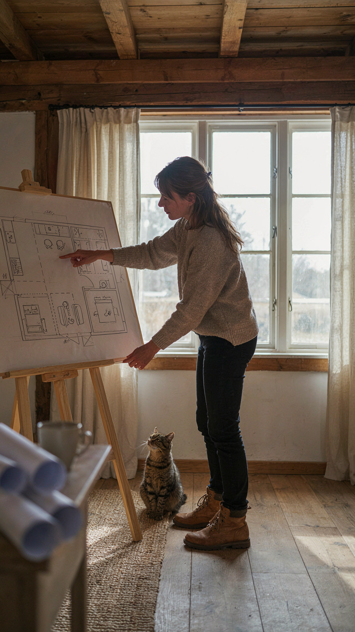 A person points at a floor plan showing flexible partition walls.