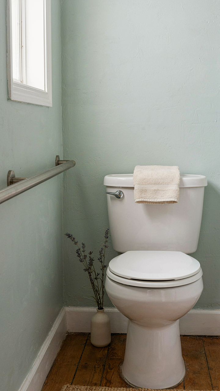 A sturdy grab bar is installed next to a toilet in a small bathroom.