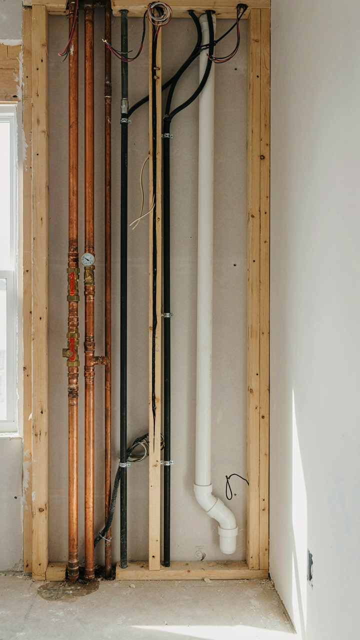 Exposed plumbing and electrical conduits in a wall before construction finishing.