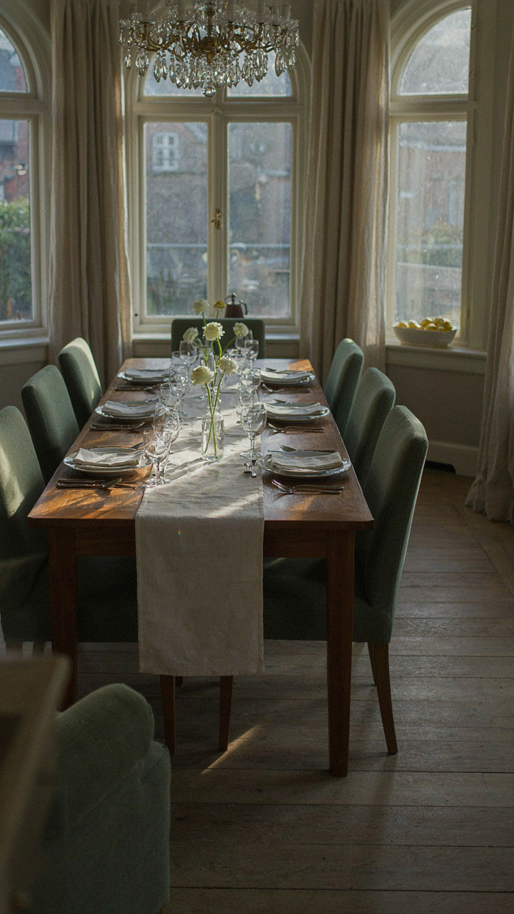 A perfectly styled dining table in an empty room, gathering dust.
