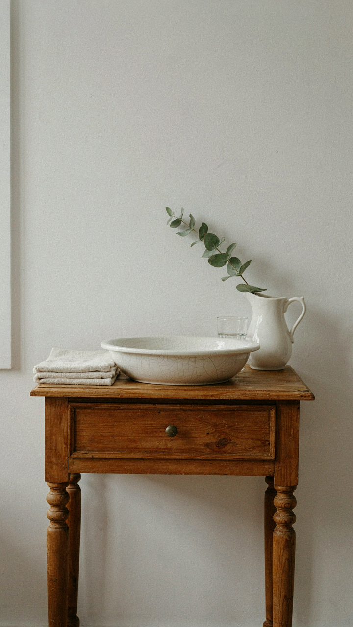 An antique wooden washstand with a ceramic basin and pitcher.