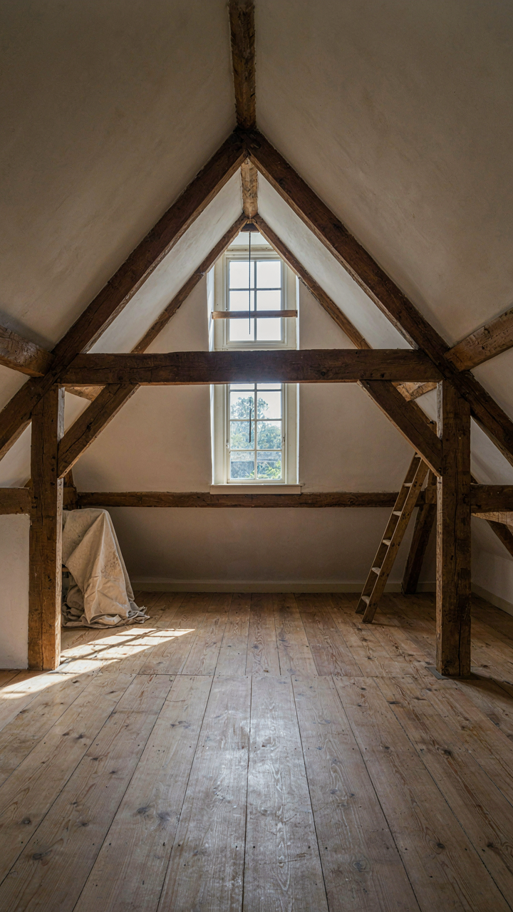 An empty attic in a Dutch Colonial home, showing ample headroom from the gambrel roof.