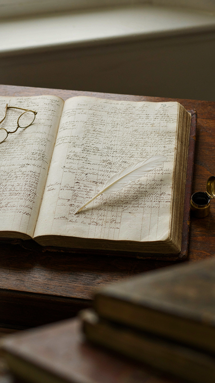 An old ledger book open to tax calculations, showing how roof angles impacted taxes.