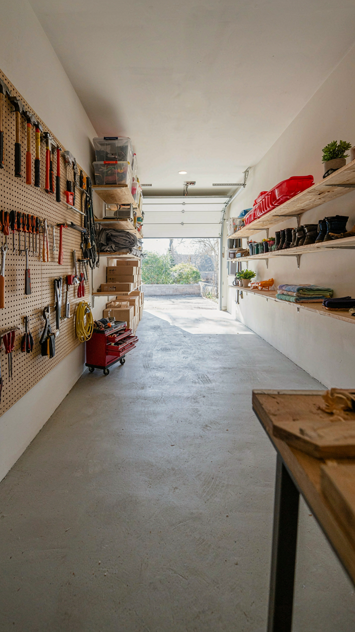 A highly organized garage interior with tools, shelves, and storage zones.