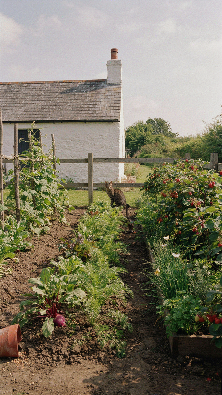 A structured vegetable garden with rows of plants near a small cottage.