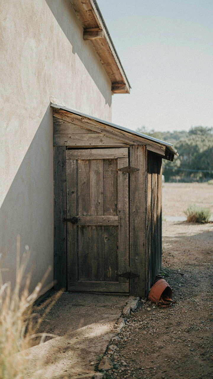 A large shadow covers a small lean-to structure near a building.