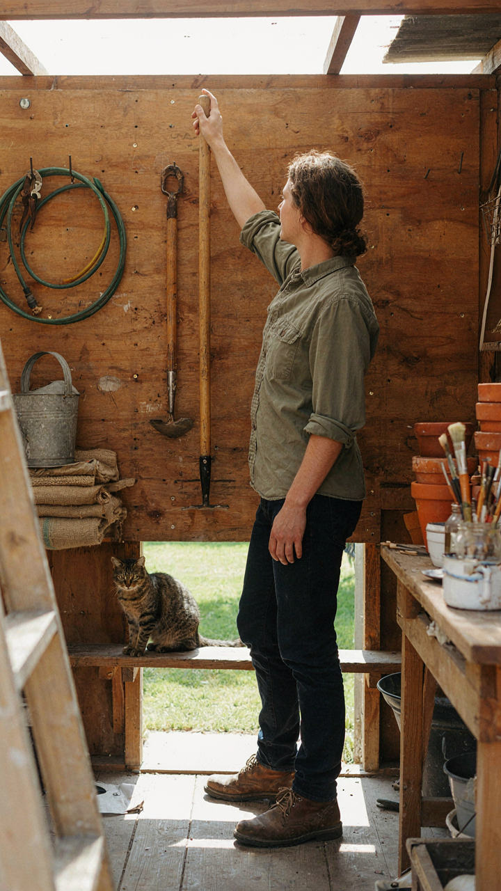 A person easily reaches for a garden tool on a shed pegboard.