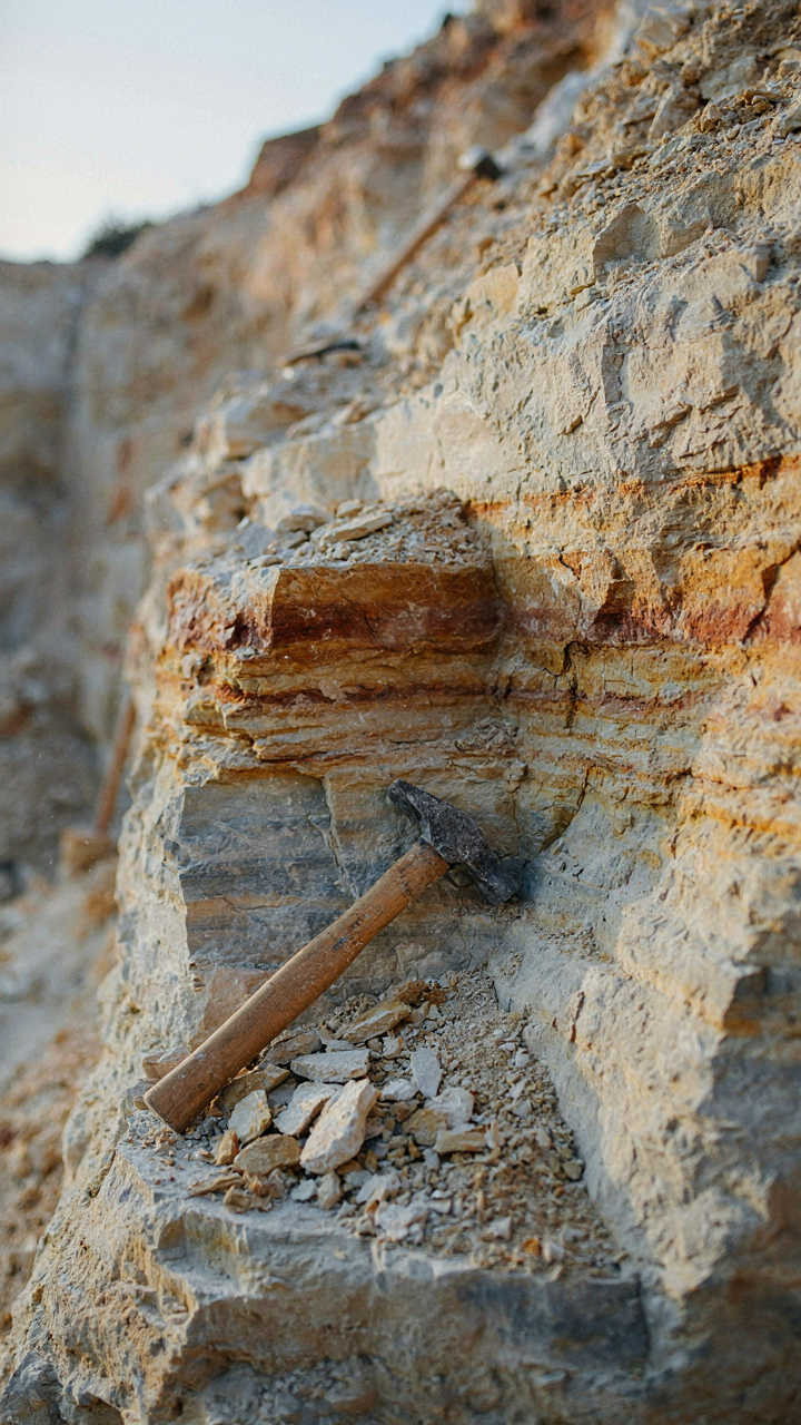 A geologist's hammer on exposed limestone rock layers in a quarry.