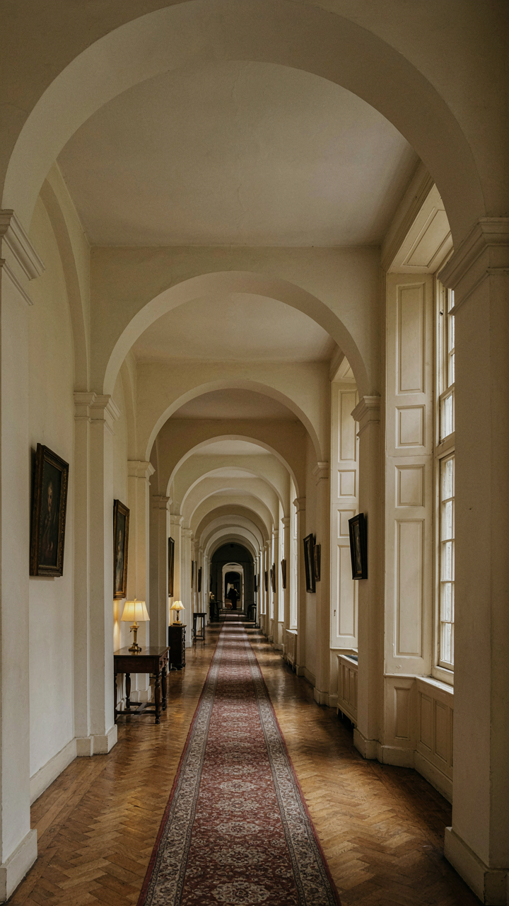 Long Georgian hallway with a series of barrel arches creating a visual corridor.