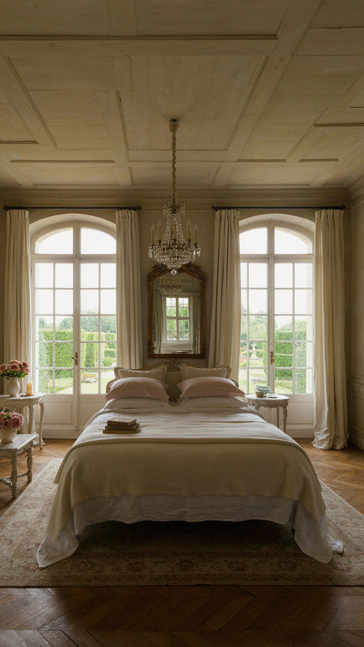 A luxurious French chateau bedroom with a perfectly placed bed and windows.