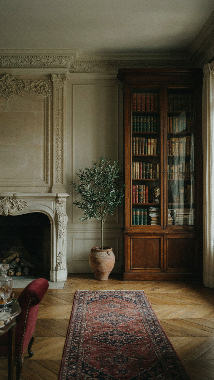 A fireplace on one wall balanced by a tall bookcase on another wall.