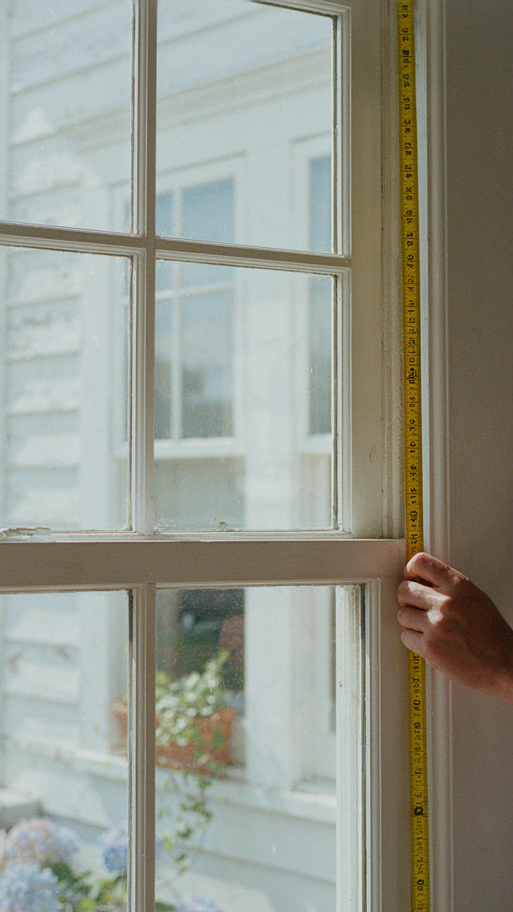 A hand measures a window frame on a colonial revival house exterior.