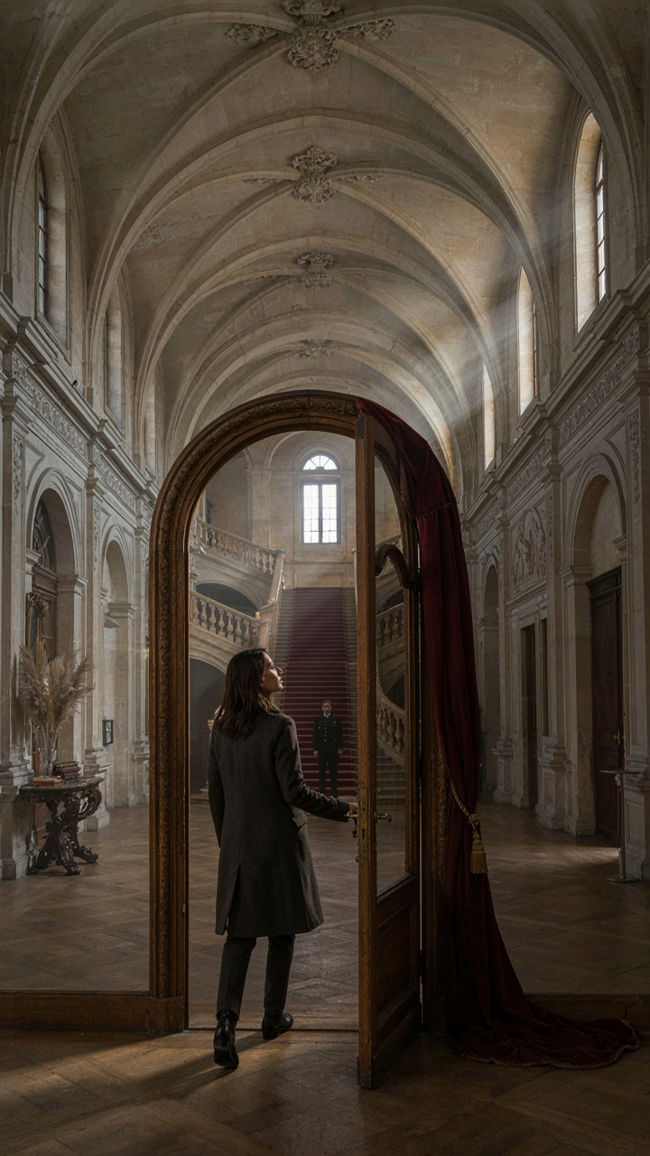 A person enters a doorway, looking up at a grand chateau staircase in a tall hall.