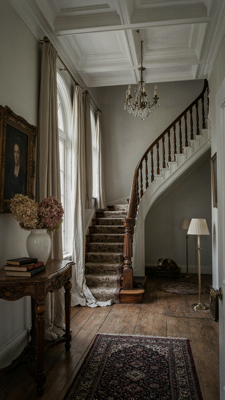A Victorian foyer with the staircase placed against a wall, creating clear pathways.