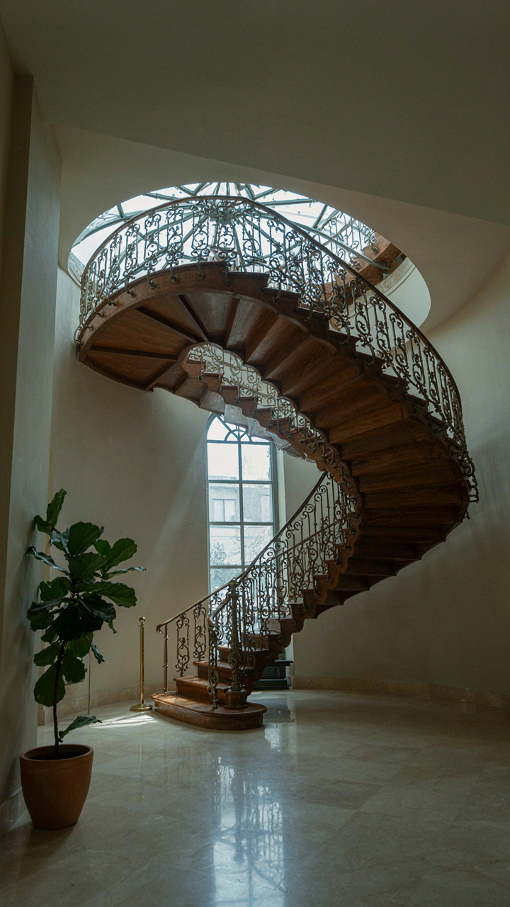 A grand spiral staircase in a large foyer shows the flow of french chateau house plans.