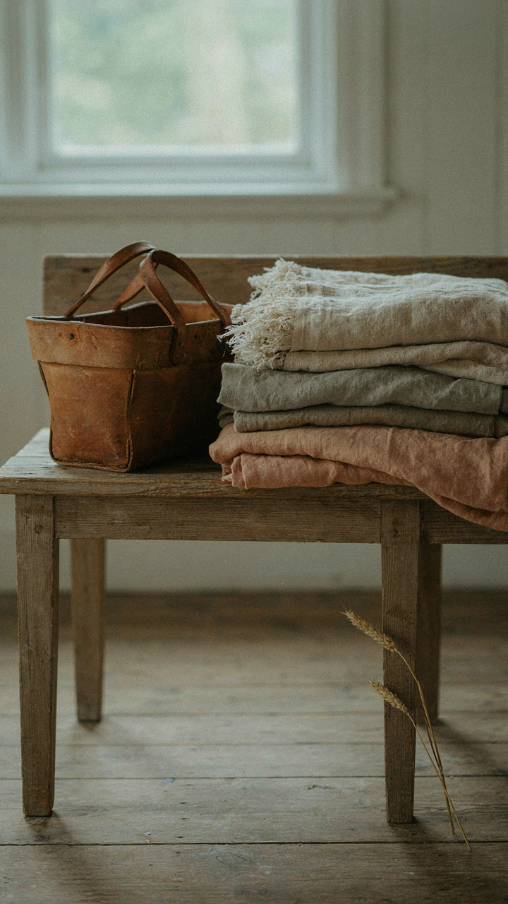 A rustic wooden bench with a worn leather basket and faded linen throws.