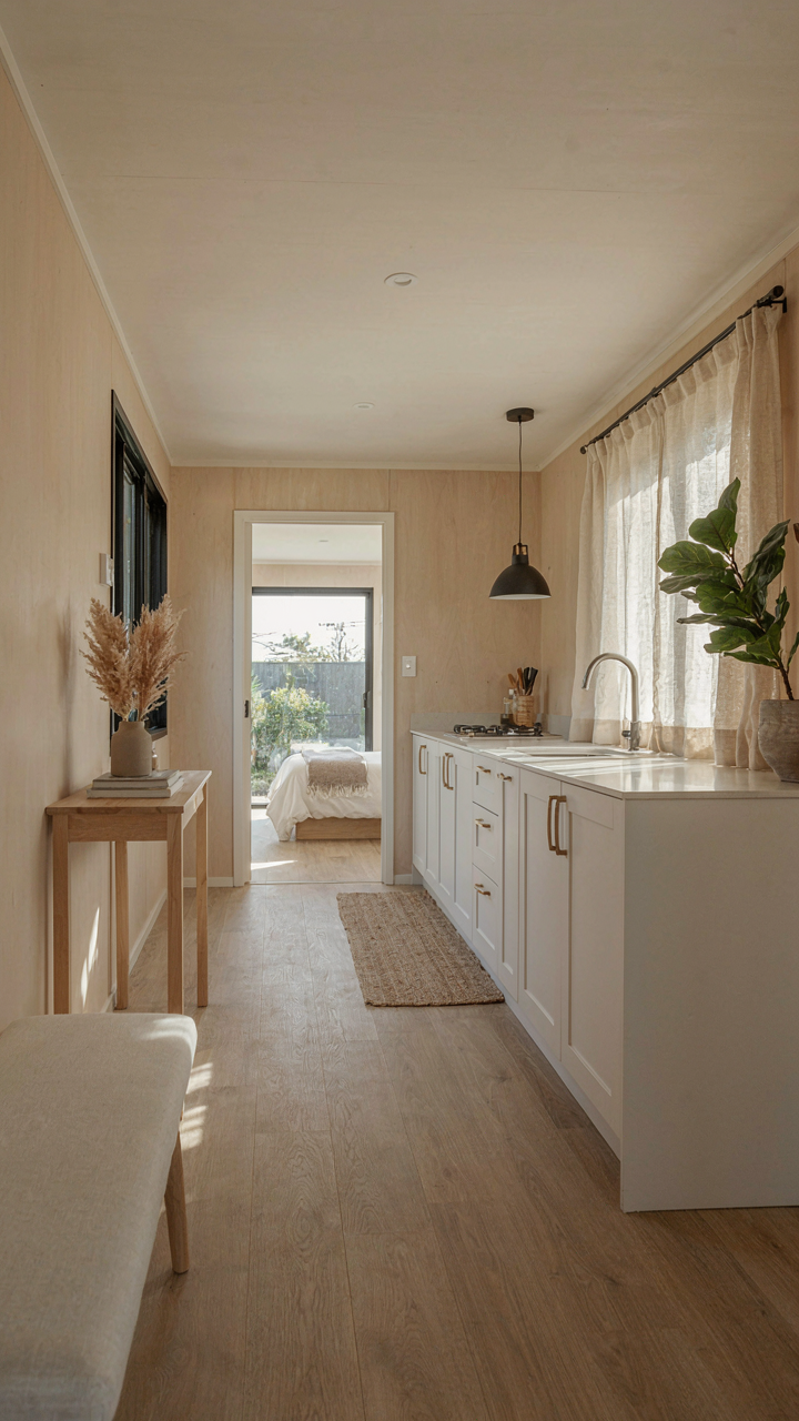 A functional and minimalist granny flat interior with clear pathways.