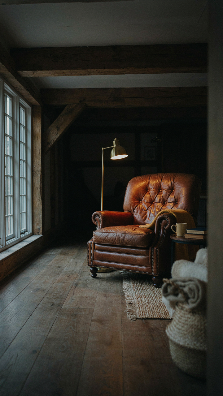 A floor lamp illuminates a reading chair in a barn house living room.