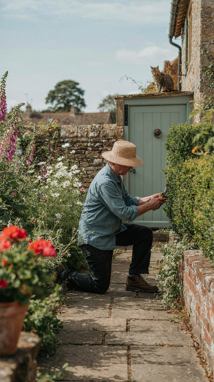 A gardener tending a vibrant English garden near a green cottage front door.