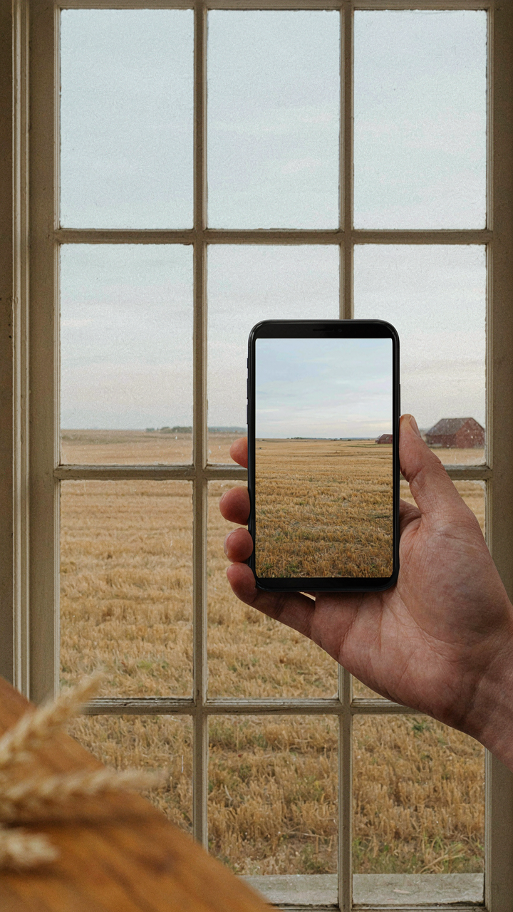 A hand holding a smartphone, taking a photo through prairie style windows.
