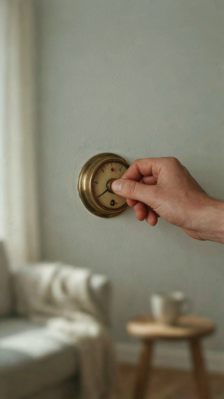 A hand adjusts a vintage thermostat dial, symbolizing emotional temperature control.